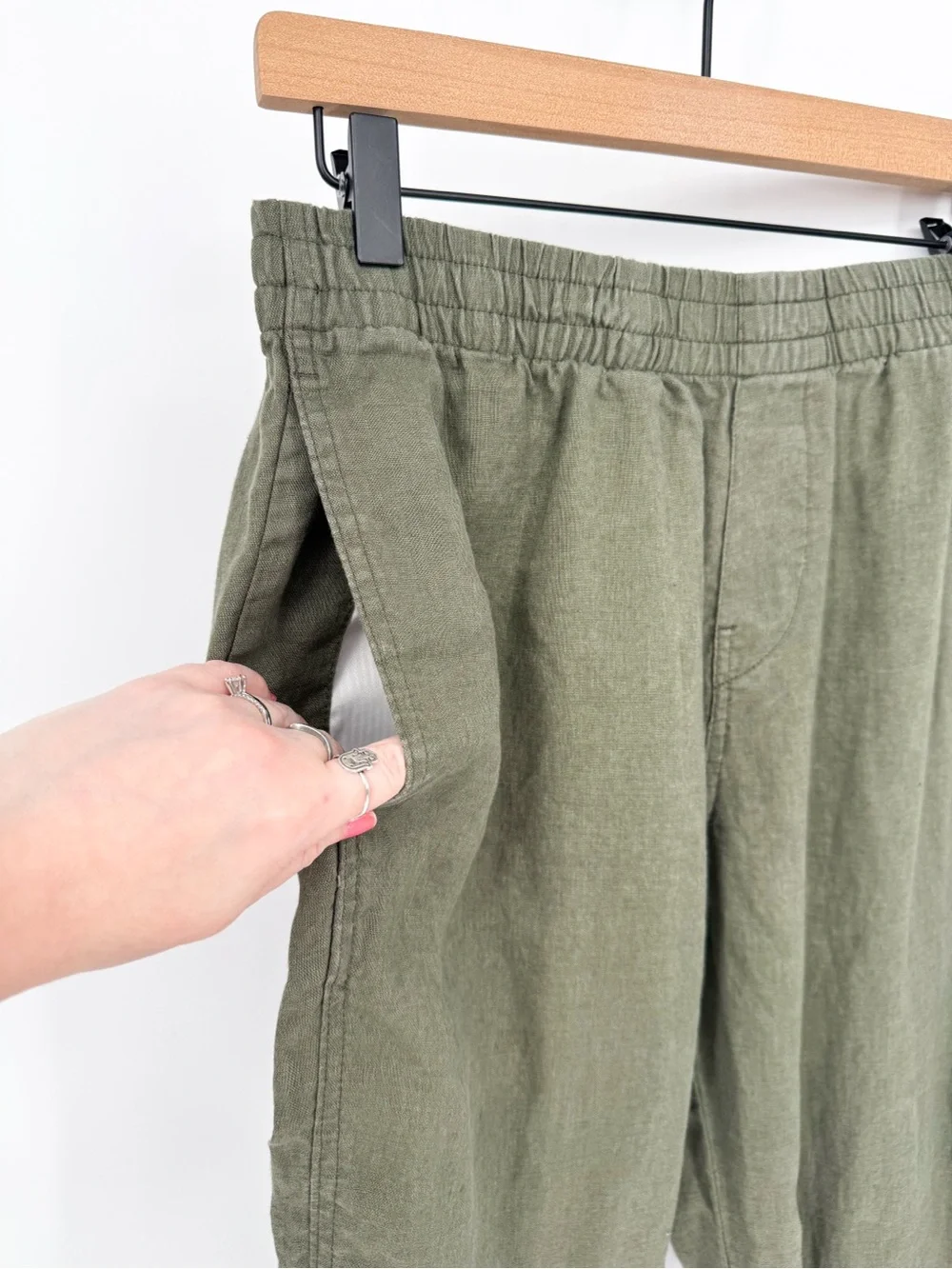 H&M Regular Fit Linen-Blend Pull-On Pants Olive Green Small